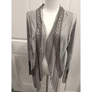 Anthropologie Tiny Grey Mixed Media Lace Trim Open Front Waterfall Cardigan S
